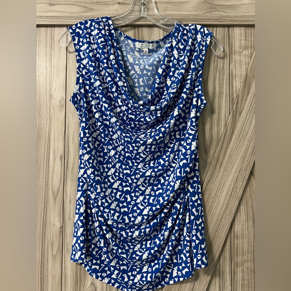 CHAUS Geometric Print Drape Neck Top SZ M